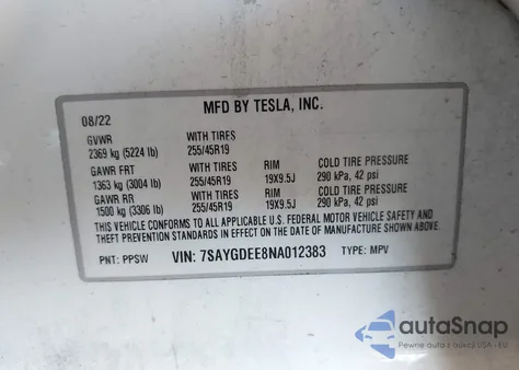 2022 Tesla Model Y Long Range Dual Motor All-Wheel Drive z USA, uszkodzony, nr VIN 7SAYGDEE8NA012383